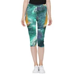 Mountain Birds River Sunset Nature Inside Out Lightweight Velour Capri Leggings  by Cemarart