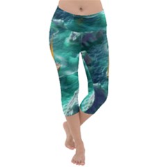 Mountain Birds River Sunset Nature Lightweight Velour Capri Yoga Leggings by Cemarart