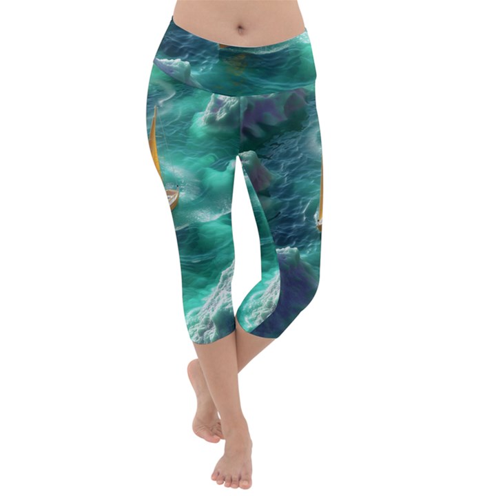 Mountain Birds River Sunset Nature Lightweight Velour Capri Yoga Leggings