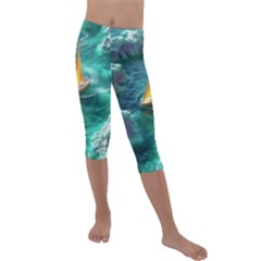 Mountain Birds River Sunset Nature Kids  Lightweight Velour Capri Leggings  by Cemarart