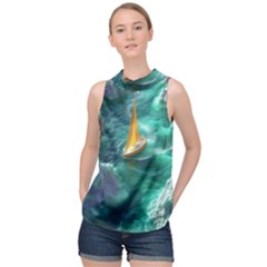 Mountain Birds River Sunset Nature High Neck Satin Top by Cemarart