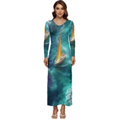 Mountain Wolf Tree Nature Moon Long Sleeve Longline Maxi Dress by Cemarart