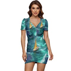 Mountain Wolf Tree Nature Moon Low Cut Cap Sleeve Mini Dress by Cemarart