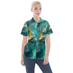 Mountain Birds River Sunset Nature Women s Short Sleeve Pocket Shirt