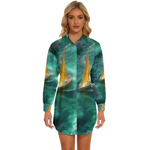 Mountain Wolf Tree Nature Moon Womens Long Sleeve Shirt Dress by Cemarart