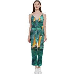 Mountain Birds River Sunset Nature V-neck Camisole Jumpsuit by Cemarart