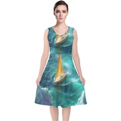 Mountains Sunset Landscape Nature V-neck Midi Sleeveless Dress  by Cemarart