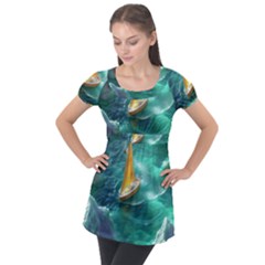 Mountains Sunset Landscape Nature Puff Sleeve Tunic Top by Cemarart