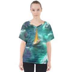 Mountains Sunset Landscape Nature V-neck Dolman Drape Top by Cemarart