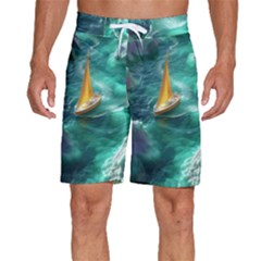 Mountain Birds River Sunset Nature Men s Beach Shorts by Cemarart