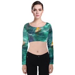 Mountains Sunset Landscape Nature Velvet Long Sleeve Crop Top by Cemarart