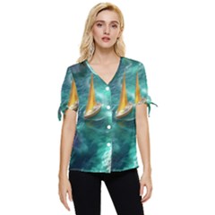 Double Exposure Flower Bow Sleeve Button Up Top by Cemarart