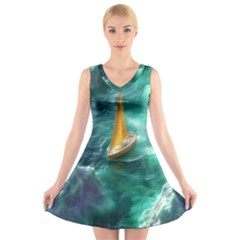 Valley Night Mountains V-neck Sleeveless Dress by Cemarart