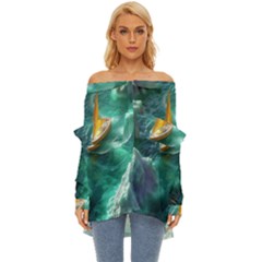 Mountains Sunset Landscape Nature Off Shoulder Chiffon Pocket Shirt by Cemarart