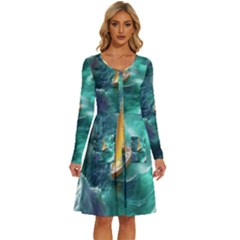 Mountains Sunset Landscape Nature Long Sleeve Dress With Pocket by Cemarart