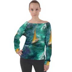 Valley Night Mountains Off Shoulder Long Sleeve Velour Top by Cemarart