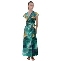 Valley Night Mountains Flutter Sleeve Maxi Dress by Cemarart