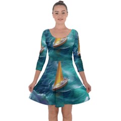 Dolphin Swimming Sea Ocean Quarter Sleeve Skater Dress by Cemarart