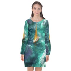 Dolphin Swimming Sea Ocean Long Sleeve Chiffon Shift Dress  by Cemarart