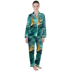 Dolphin Swimming Sea Ocean Women s Long Sleeve Satin Pajamas Set	 by Cemarart