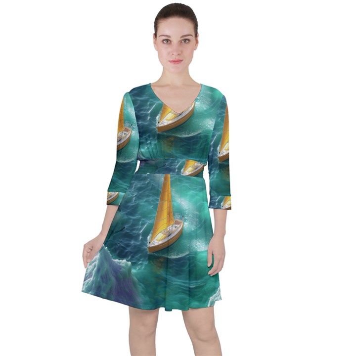 Dolphin Swimming Sea Ocean Quarter Sleeve Ruffle Waist Dress