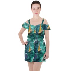 Dolphin Swimming Sea Ocean Ruffle Cut Out Chiffon Playsuit by Cemarart