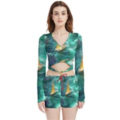 Dolphin Sea Ocean Velvet Wrap Crop Top And Shorts Set by Cemarart