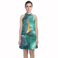 Dolphin Sea Ocean Velvet Halter Neckline Dress 