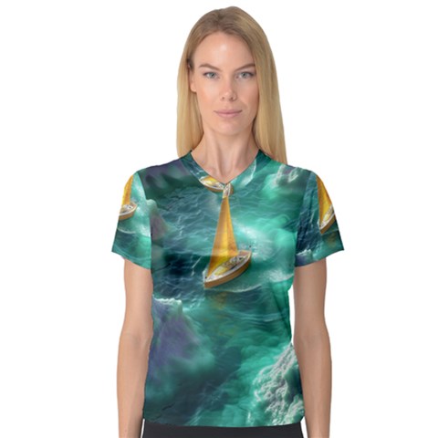 Dolphins Sea Ocean V-neck Sport Mesh T-shirt by Cemarart