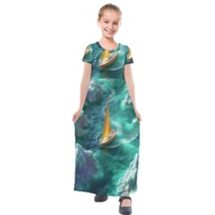 Dolphin Sea Ocean Kids  Short Sleeve Maxi Dress by Cemarart