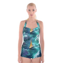 Dolphins Sea Ocean Boyleg Halter Swimsuit  by Cemarart