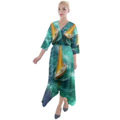 Dolphin Sea Ocean Quarter Sleeve Wrap Front Maxi Dress by Cemarart