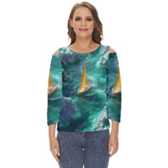 Dolphin Swimming Sea Ocean Cut Out Wide Sleeve Top