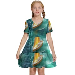 Dolphin Swimming Sea Ocean Kids  Short Sleeve Tiered Mini Dress by Cemarart