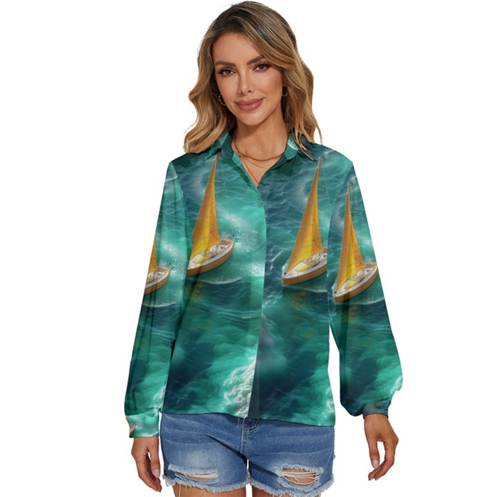 Dolphin Swimming Sea Ocean Women s Long Sleeve Button Up Shirt