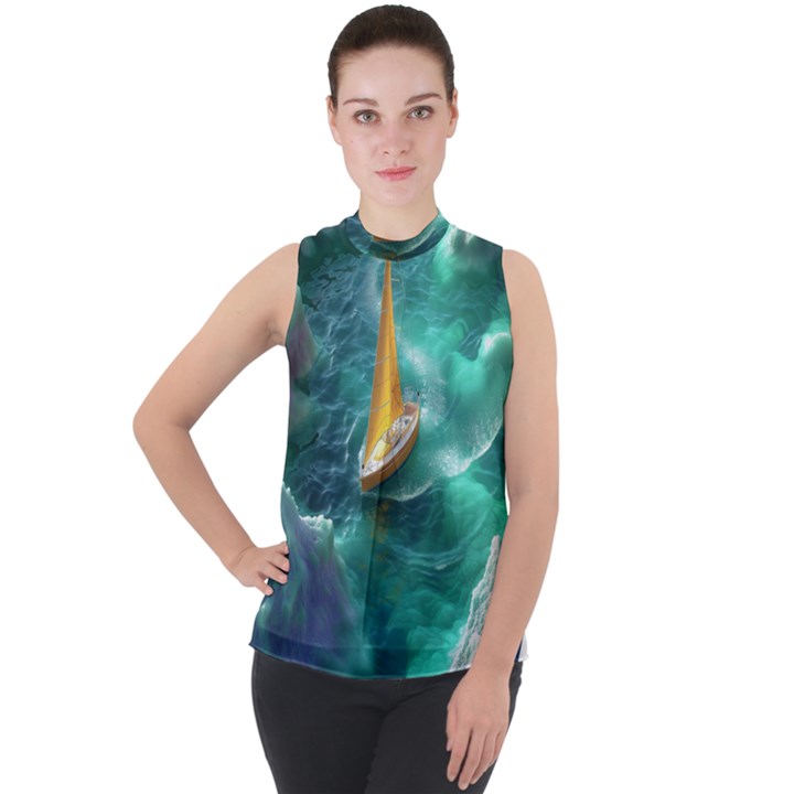 Dolphins Sea Ocean Mock Neck Chiffon Sleeveless Top