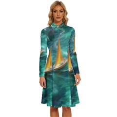 Dolphin Swimming Sea Ocean Long Sleeve Shirt Collar A-line Dress by Cemarart