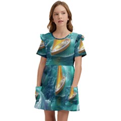 Dolphin Sea Ocean Kids  Frilly Sleeves Pocket Dress by Cemarart