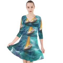 Moon Moonlit Forest Fantasy Midnight Quarter Sleeve Front Wrap Dress by Cemarart