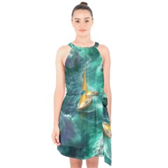 Dolphins Sea Ocean Water Halter Collar Waist Tie Chiffon Dress by Cemarart