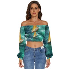 Moon Moonlit Forest Fantasy Midnight Long Sleeve Crinkled Weave Crop Top by Cemarart