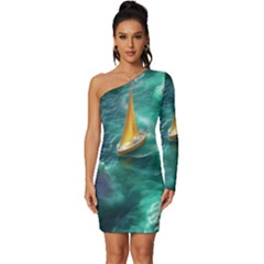 Moon Moonlit Forest Fantasy Midnight Long Sleeve One Shoulder Mini Dress by Cemarart