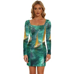 Moon Moonlit Forest Fantasy Midnight Long Sleeve Square Neck Bodycon Velvet Dress by Cemarart