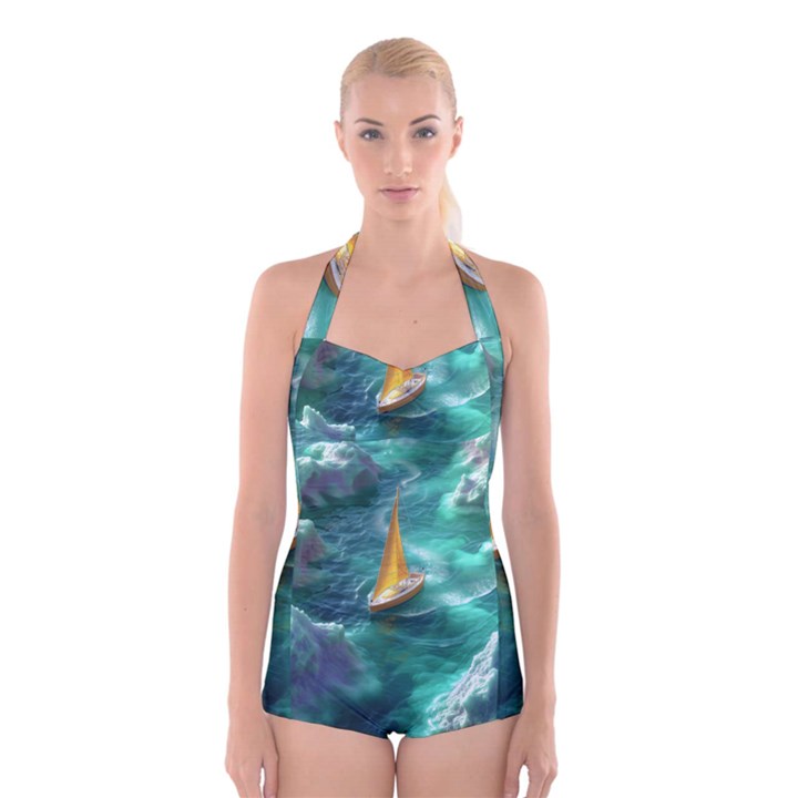 Silk Waves Abstract Boyleg Halter Swimsuit 