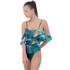 Dolphins Sea Ocean Water Drape Piece Swimsuit by Cemarart