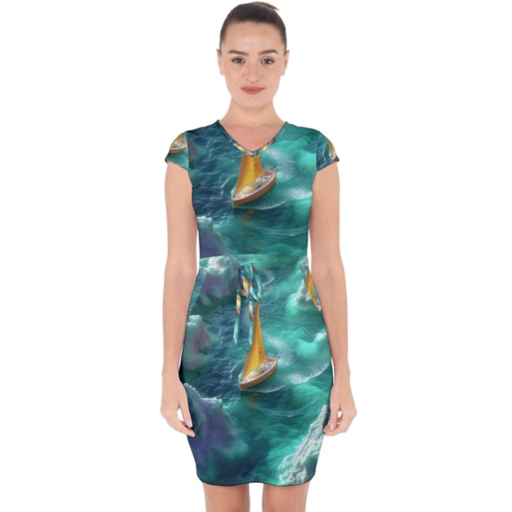 Silk Waves Abstract Capsleeve Drawstring Dress 