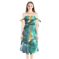 Silk Waves Abstract Shoulder Tie Bardot Midi Dress by Cemarart