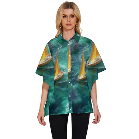 Dolphins Sea Ocean Water Women s Batwing Button Up Shirt by Cemarart