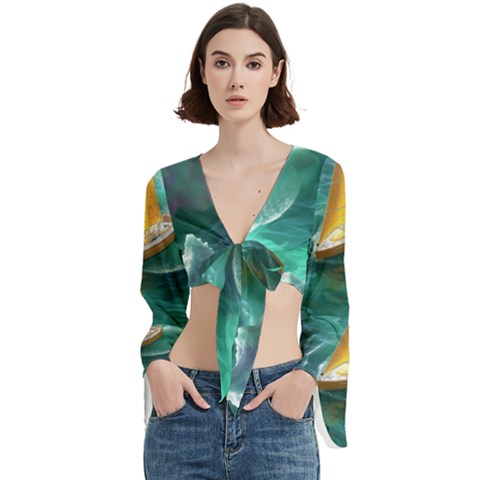 Dolphins Sea Ocean Water Trumpet Sleeve Cropped Top by Cemarart