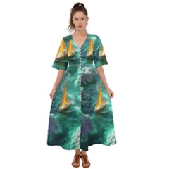 Silk Waves Abstract Kimono Sleeve Boho Dress by Cemarart